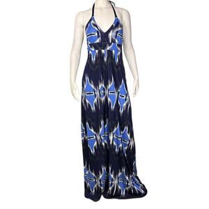 Banana Republic M Abstract Blue Ikat Maxi Halter Dress Modern Boho Modal